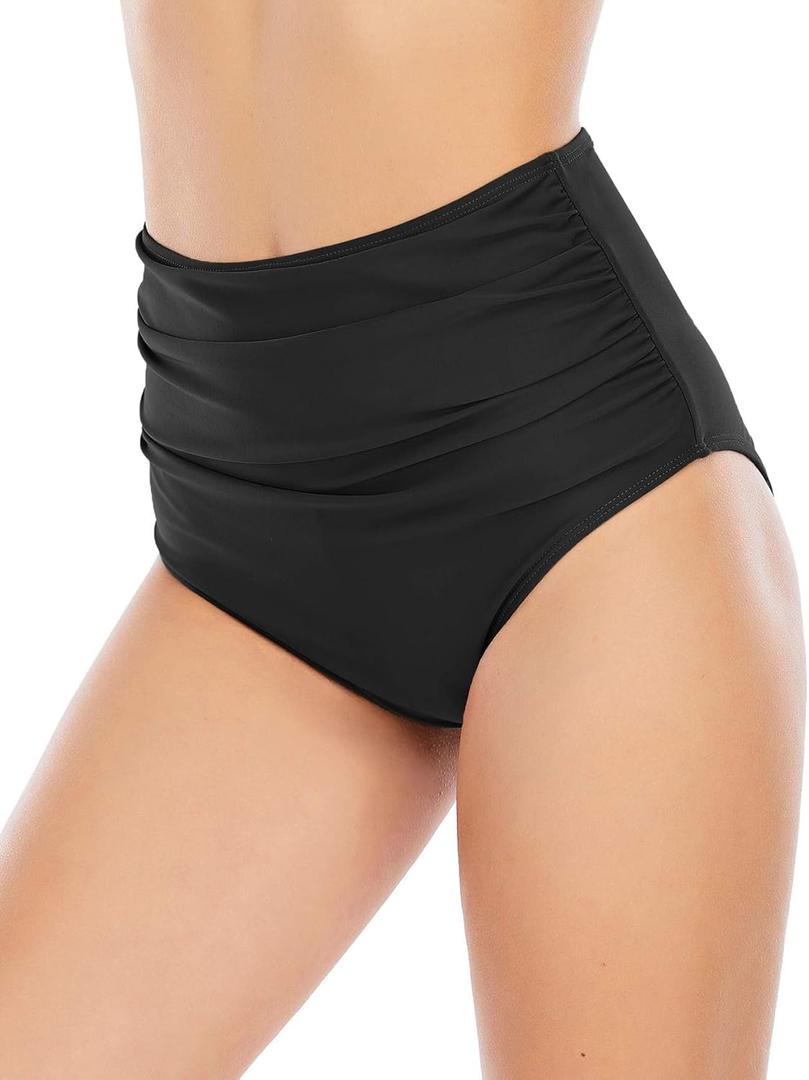American Trends High Waisted Bikini Bottoms Ruched Tummy Control Swim Bottom Bathing Suits for Women (Medium, Solid Black)