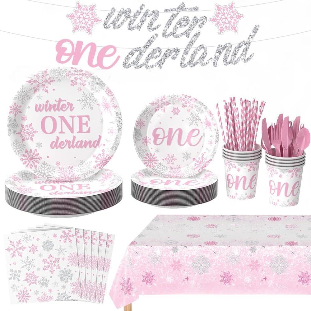 194 Pcs Winter Onederland Party Decorations, Girl 1st Birthday Party Supplies Tableware Set Serves 24, with Plates Napkins Cups Fork Knives Spoon Tablecloth Banner, Pink Themed Disposable Dinnerware