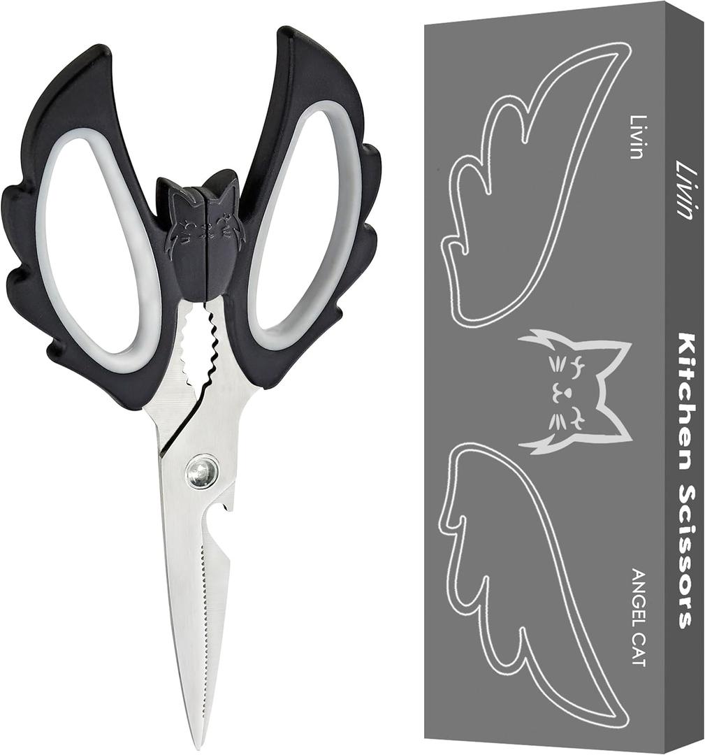 Livin Angel Wings Cat Style Kitchen Ambidextrous Scissors for Women, Large Grip Openings Utensils, Halloween Kitchen Accessories for Vegetables Meat Cutting, Comfortable Ergonomic Fit for Office