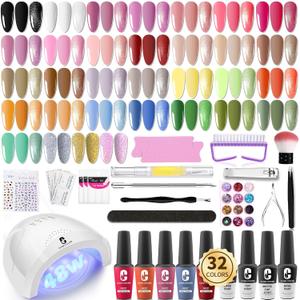 Clara Colors 32 Colors 14ml Gel Nail Polish Kit, All In One Gel Polish Set with Base Matte Glossy Top Coat Tools Nails Art Decorations Salon Gel Polish Starter Kit Full Cover Natural (NT08)