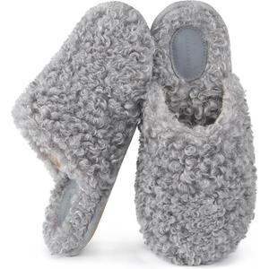 Snug Leaves Women's Scuff Slippers Furry Cute Curly Faux Wool Slip-on Indoor Memory Foam House Shoes 7-8