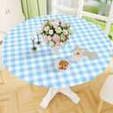 Smiry Round Picnic Tablecloth, Elastic Waterproof Fitted Vinyl Tablecloths for 57"-68" Tables, Flannel Backed Buffalo Plaid Table Cover for Dining, Camping, Outdoor, White and Baby Blue