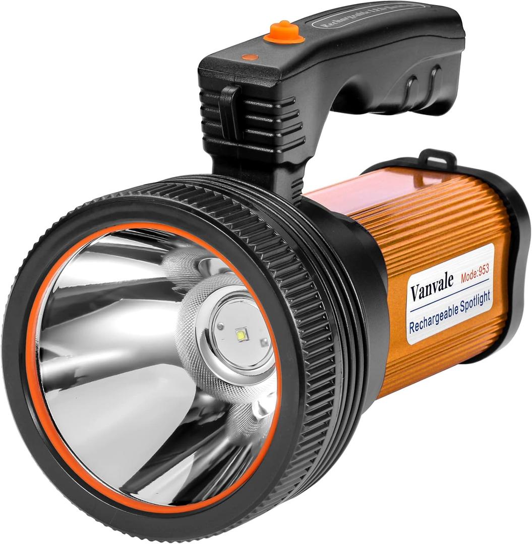 Rechargeable Searchlight Handheld LED Tactical Flashlight with Handle Spotlight 6000 Lumens High-Power Super Bright Torch with USB Output Torch (Gold)