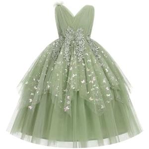 IDOPIP Flower Girl Sequin Butterfly Dress for Kids Wedding Pageant Party Long Gown Princess Birthday Handkerchief Tulle Dress, 7/8Y