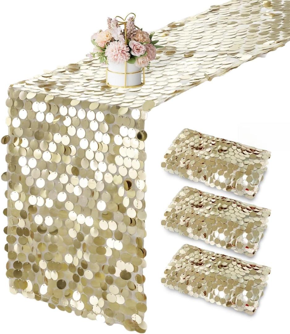3 Packs Champagne Sequin Table Runner 12 x 108 Inch Glitter Rectangle Big Sequin Table Runner for Wedding Party Birthday Christmas Halloween Decoration (Blue, M)