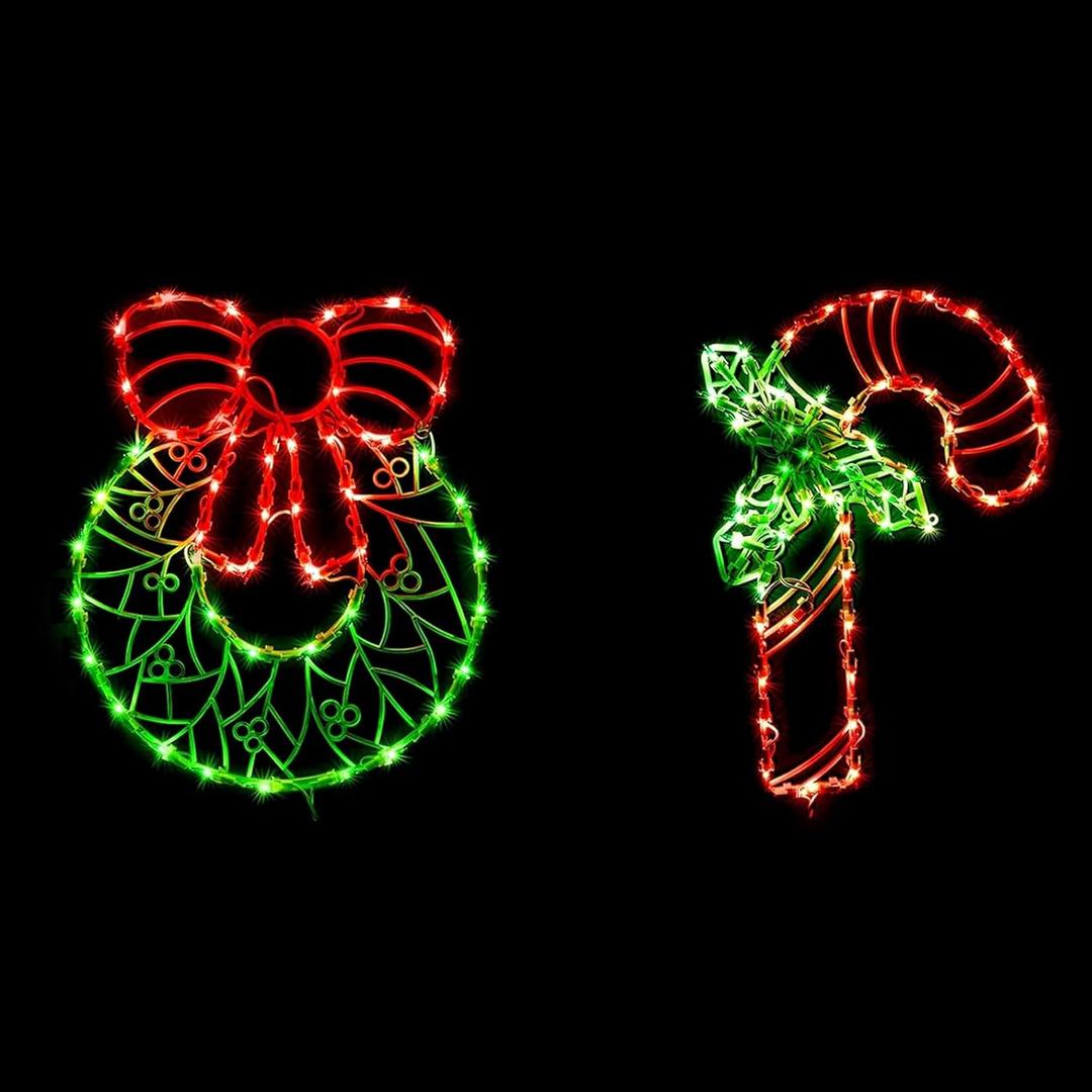 Lighted Christmas Decorations for Windows, Pack of 2 Plug-in Christmas Window Silhouette Lights for Xmas, Party, Home, Patio Lawn, Garden Decorations (Cane & Wreath)
