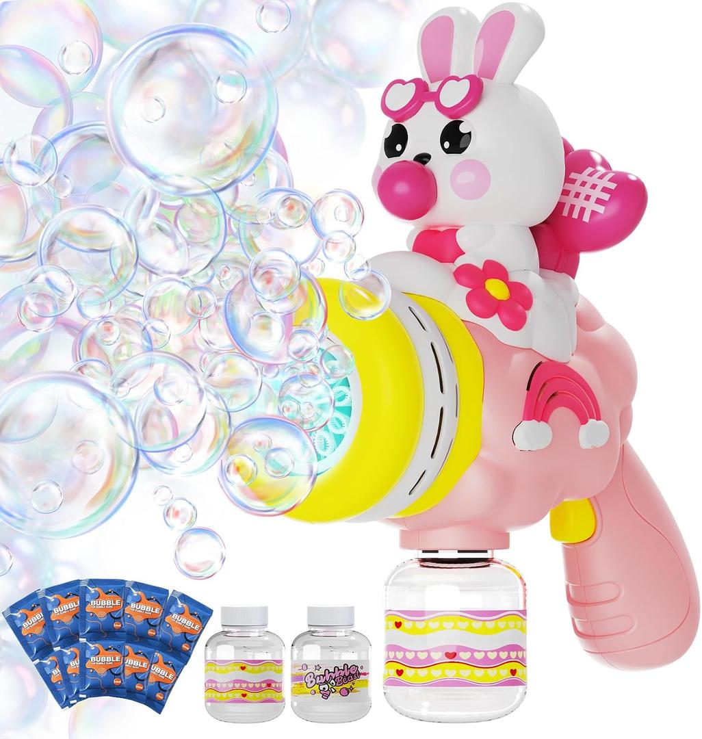Bunny Bubble Gun Machine for Girl Easter Basket Stuffer, 360 Leak-Proof LED & 10,000+ BPM, Includes Surprise Stickers, Outdoor Birthday for Toddlers Ages 3-6