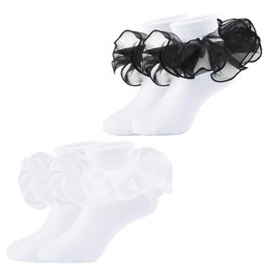hakugoo Girls Ruffle Socks Shiny Double Big Lace Socks 3 Pairs Turn Cuff Frilly Dress Sock White Pageant Sock for Kids Girls (White,Black,Pink, 6-8 Years)