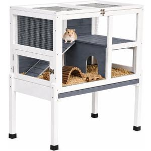 2-Story Guinea Pig Cage with Stand, Indoor Wooden Hamster Cage with Ramp, Pull-Out Tray, Hideout & Platform, Acrylic Transparent Small Animal Habitat for Chinchillas, Ferrets, Hedgehogs,Grey