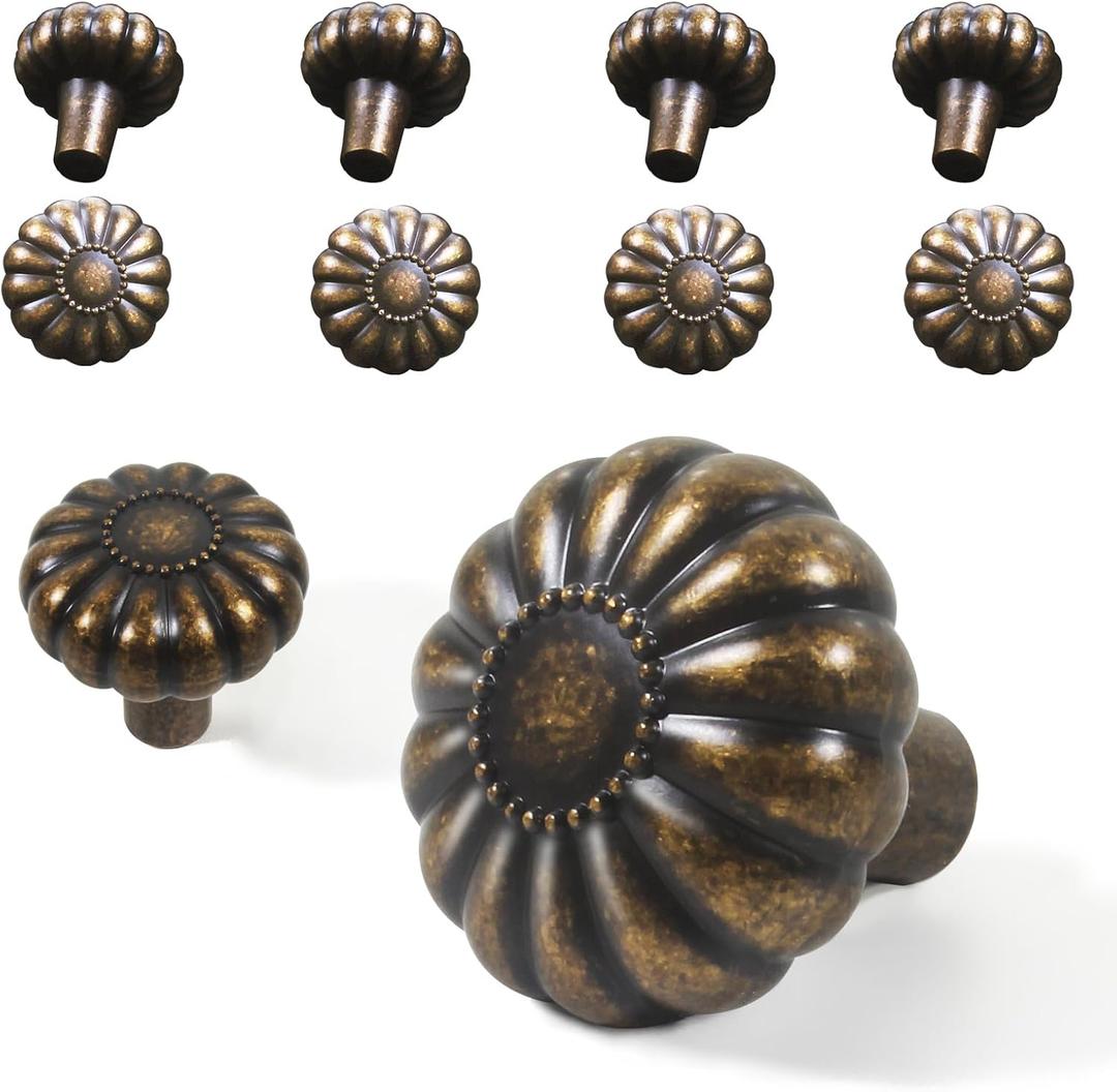 Antique Brass Cabinet Knobs Retro Old Style 8 Pack, Vintage Closet Dresser Cupboard Drawer Furniture Door Pulls Kitchen Bathroom Farmhouse Handles Unique Rustic Floral Replacement Knob for Dressers