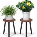 2-Pack Wood Plant Stands Indoor, 16.7" Tall Plant Stand Outdoor Mid-Century Plant Stool, Single Plant Table Modern Small Round Side/End Table for Living Room, Balcony, Office(Brown) (Brown Tray with Black Legs-2Pack)