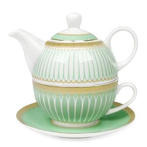 fanquare Tea for One with Gold Trim, Green Teapot Set for Adults, Ceramic Coffee Cup with Saucer, Classic Stripes
