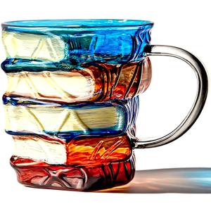 Artistic Book Stack Glass Coffee Mug,11oz Handmade Tea Cups Cool Funny, Decorative Design for Book Lovers Gifts for Women and Man (Medium)