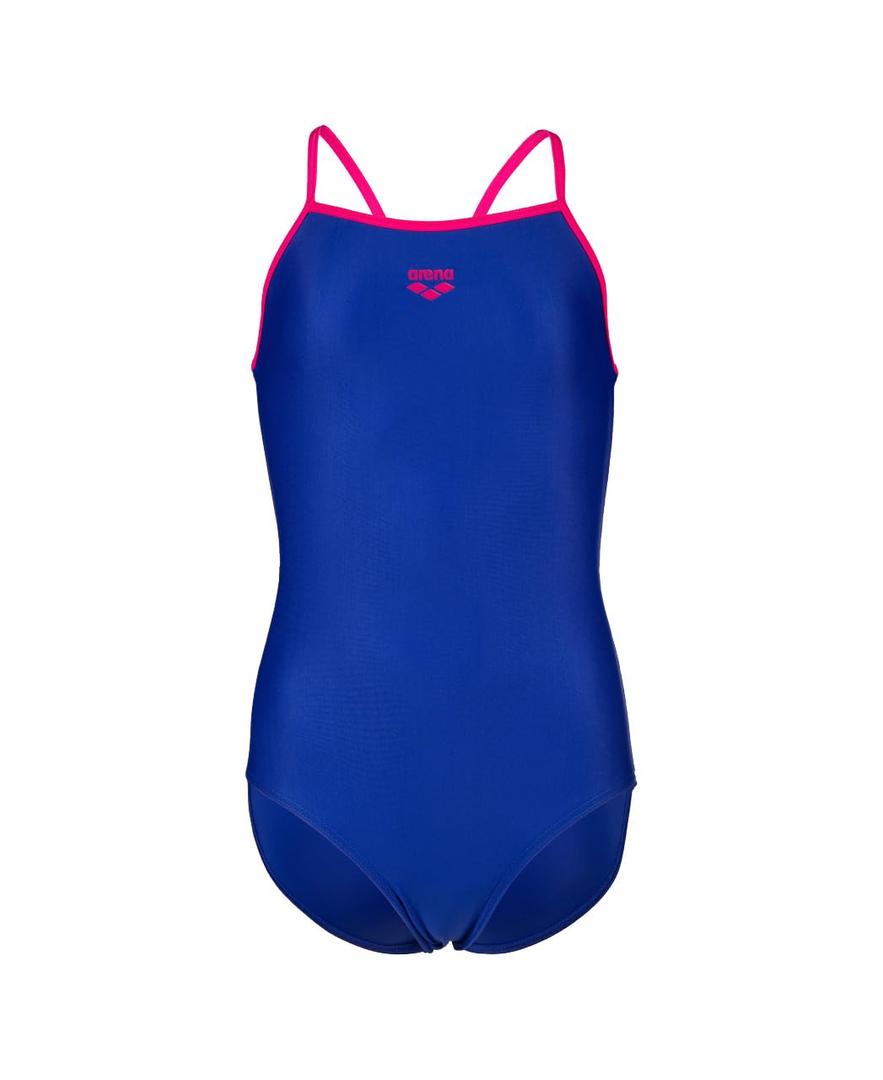 ARENA Feel Girls' Youth Light Drop Back Solid Swimsuit Waterfeel Comfortable One Piece Suit Pool or Beach, US Size 2T/16, Neon Blue/Freak Rose