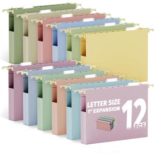 Ansook Hanging File Folders Letter Size Extra Capacity, Heavy Duty 1'' Expandable File Folders Hanging with Tabs,12 Pack Pastel Plastic Filing Cabinet Folders, Desk Hang File Organizer for Office Home
