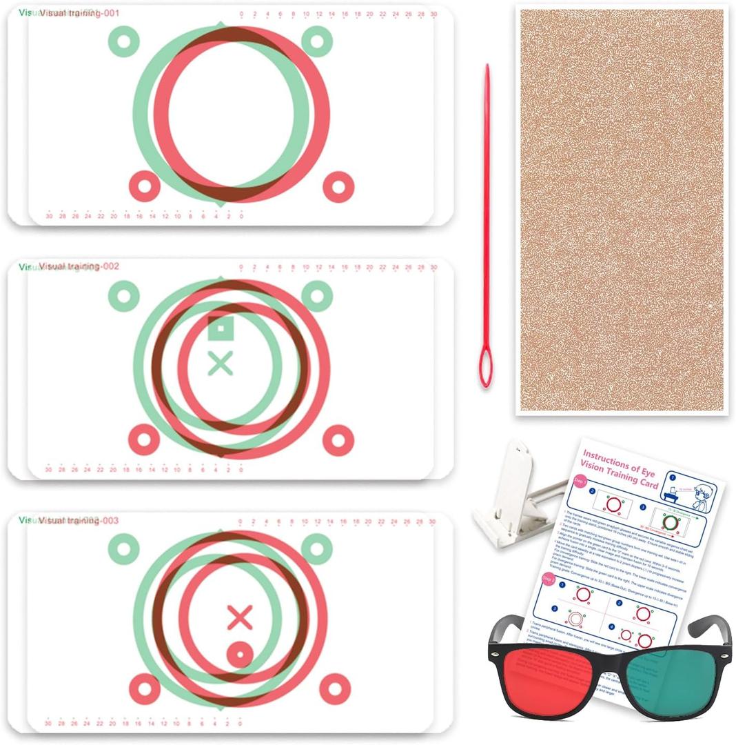 Vision Training Convergence & Divergence Kit  6 Red Green Variable Fusion Cards with Red Green Glasses, Pointer and Stand  Binocular Exercise & Stereopsis Practice for Home Use