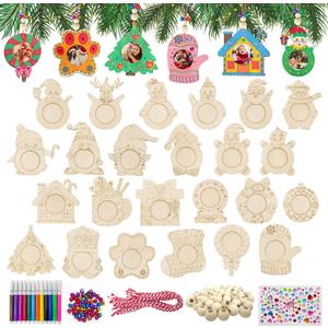 CORALMEE 24Pcs Christmas Pictures Frame Ornament, Unfinished Wood Picture Frame Ornaments with Pens and BeadsDIY Hanging Christmas Photo Frame Ornament Decor for Holiday Presents Xmas Tree Decor