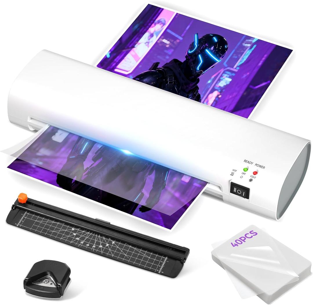 A4 Thermal Laminator Machine 9 Inch Portable, Anti-Jam Laminator with Built-in Trimmer & Corner Rounder, Complete Laminating Kit with 40 Sheets for Home, Office, School, Business White