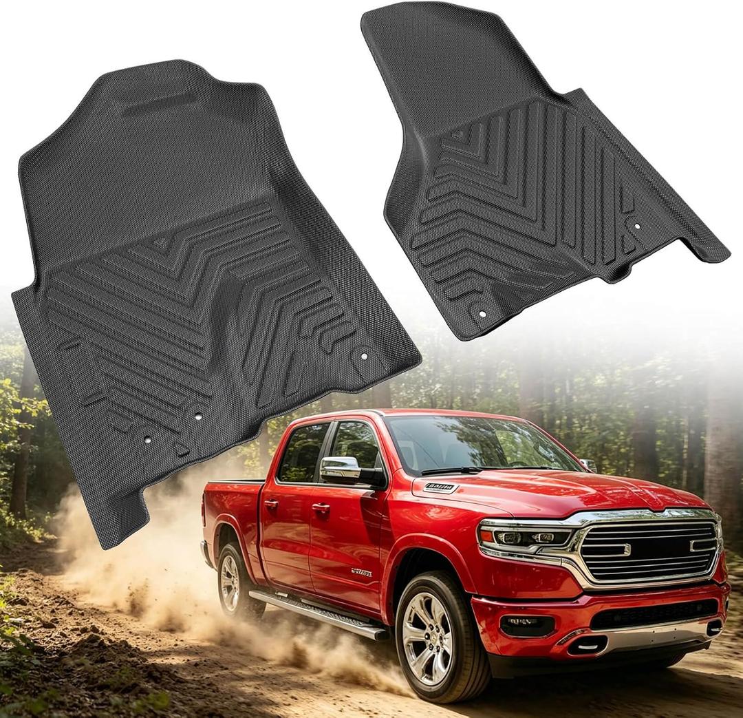 Car Front Floor Mats for Dodge Ram 1500 20092024 (1924 Classic Body Only) | for Ram 2500/3500 Crew & Mega Cab 20102018,All-Weather TPE Floor Liners, Waterproof, Heavy Duty