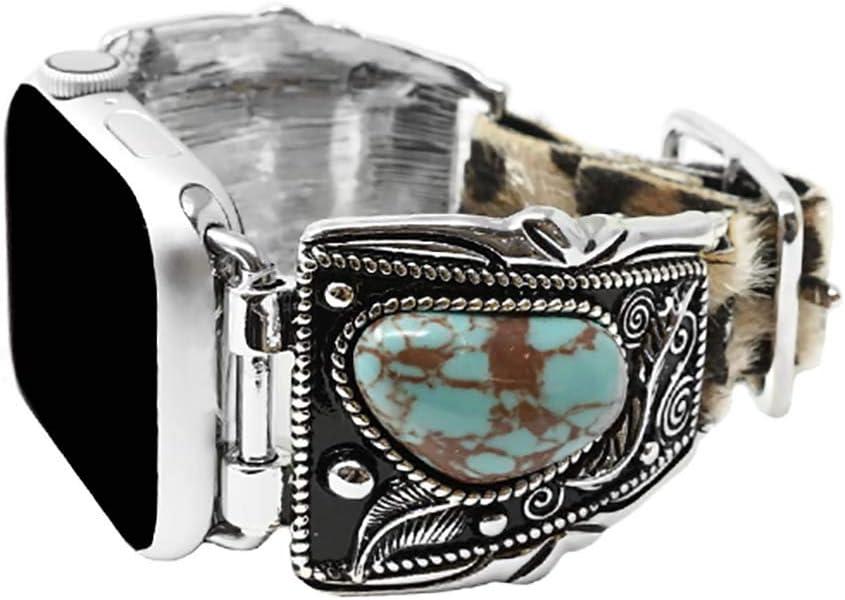 Western Turquoise Concho Compatible with 38/40 mm Apple Watch Leather Band (Leopard)