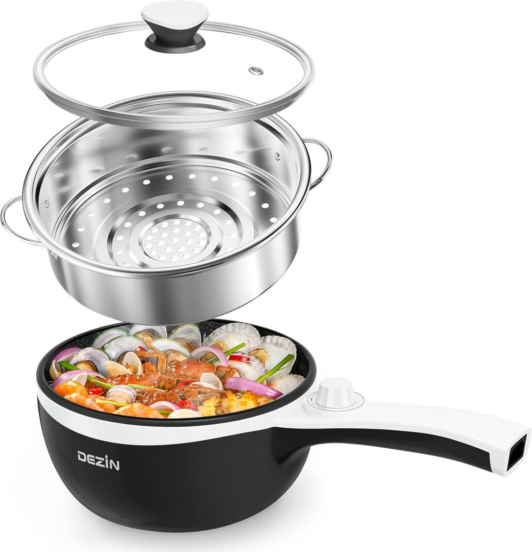 Dezin Hot Pot Electric with Steamer Upgraded, Non-Stick Saut Pan, Rapid Noodles Electric Pot, 1.5L Mini Pot for Steak, Egg, Fried Rice, Ramen, Oatmeal, Soup with Power Adjustment (Black 2)