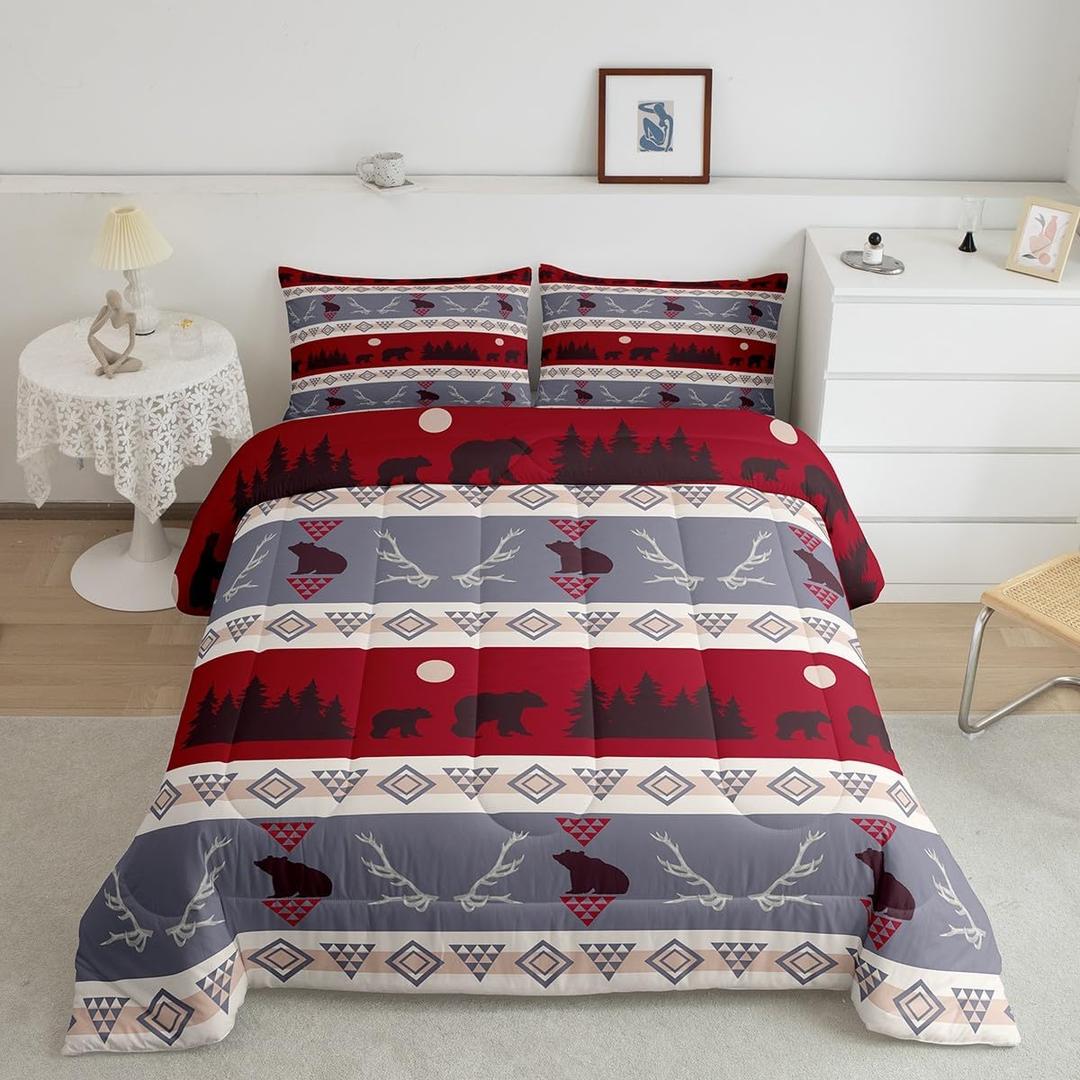 Jejeloiu Bear Comforter Set Kids Antlers Geometric Comforter for Boys Teens Western Farmhouse Bedding Set Breathable Natural Wild Animal Red Duvet Set Twin Size Quilt Set (Multi 25)