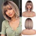Ombre Blond Bob Wig With Bangs 14 Inch Short Straight Bob wig for Women Short Bob Wigs Heat Resistant Fiber Synthetic Middle Part Cosplay Costume Party Wigs