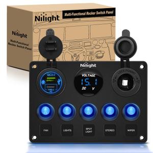 Nilight 5 Gang Multi Function Waterproof Switch Panel PD Type C and USB Charger Digital Voltmeter 12V Outlet Rocker with Inline Fuse for RVs Cars Boats Trucks Trailers