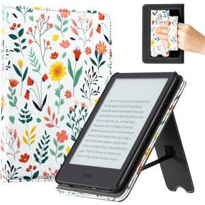 CoBak Case with Stand for 6" Kindle (2024 & 2022, 11th Gen)  PU Leather Smart Cover with Auto Sleep/Wake & Hand Strap, Premium Protective Case for Kindle Basic, Floral (Green Oasis)