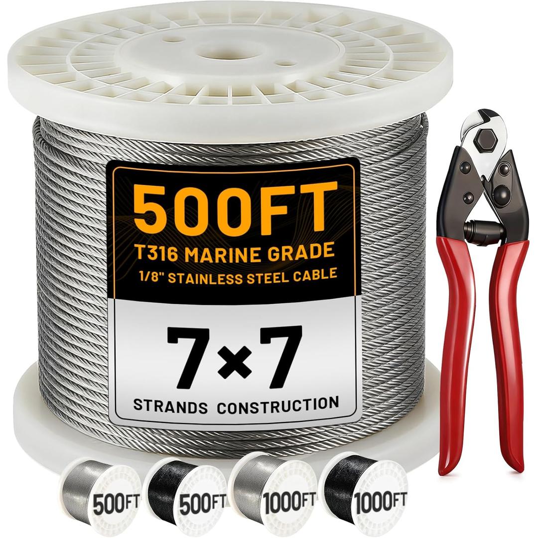 AHEONLAR 500FT 1/8" Stainless Steel Cable with a Cutter, T316 Wire Rope Cable for Deck Cable Railing Kit, 1850 lb Breaking Strength, 7x7 Strands Aircraft for Stair Fence Deck Railing, Silver