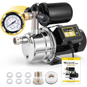 3/4 HP Water Pressure Booster Pump for Home 1050GPH Shallow Well Jet Pump with Pressure Tank Auto ON/OFF Stainless Steel Self-Priming System Pressure Switch for Whole House, Garden, Lawn