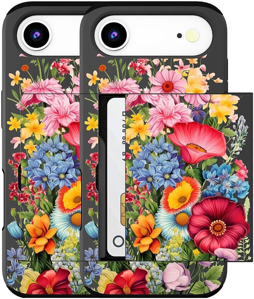 Compatible for iPhone 17 Air Case with Card Holder Cute - Kawaii Design Military-Grade Drop Protection Rugged Wallet Cases for Women (Black Red Garden Flower)
