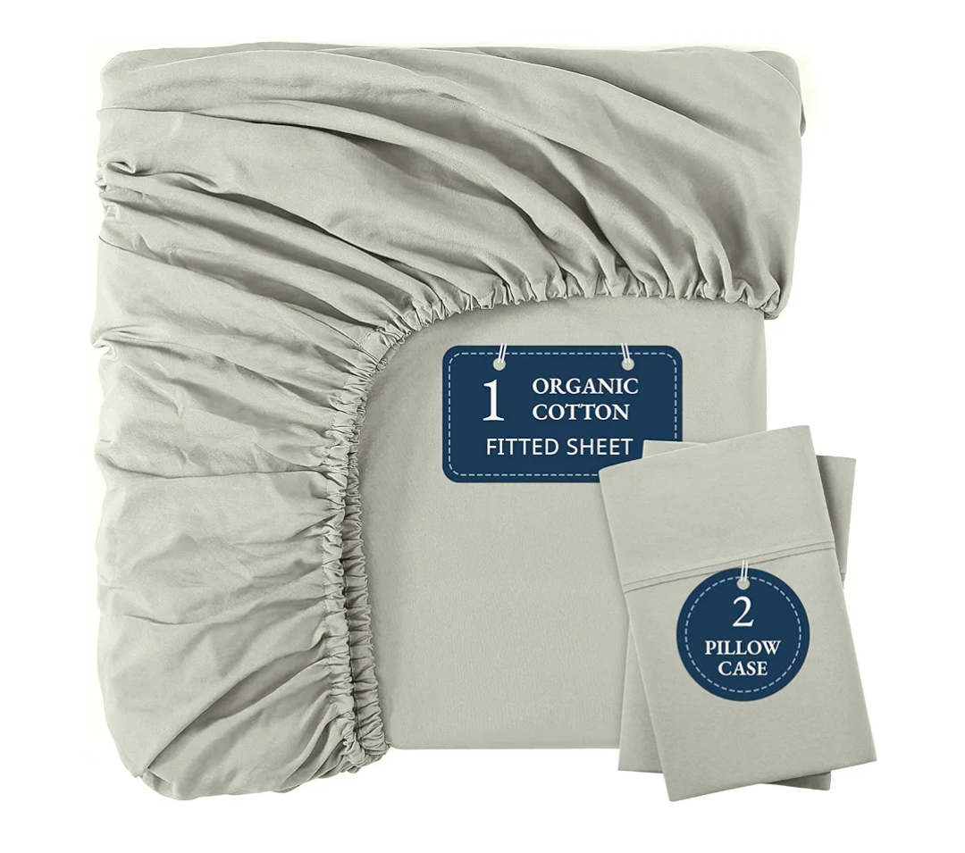 LANE LINEN 100% Organic Cotton Fitted Bed Sheets Queen Size (+Pillowcases) Soft & Comfy Percale Weave Fully Elasticized Low Pilling Fade Resistant Deep Pocket Fits Mattress Upto 15" - Mineral (Silver)