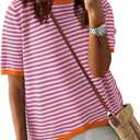 Dokotoo Womens Tops Casual Summer Crewneck Short Sleeve Striped Color Block Knit High Low Trendy Pullover Sweaters (X-Large)