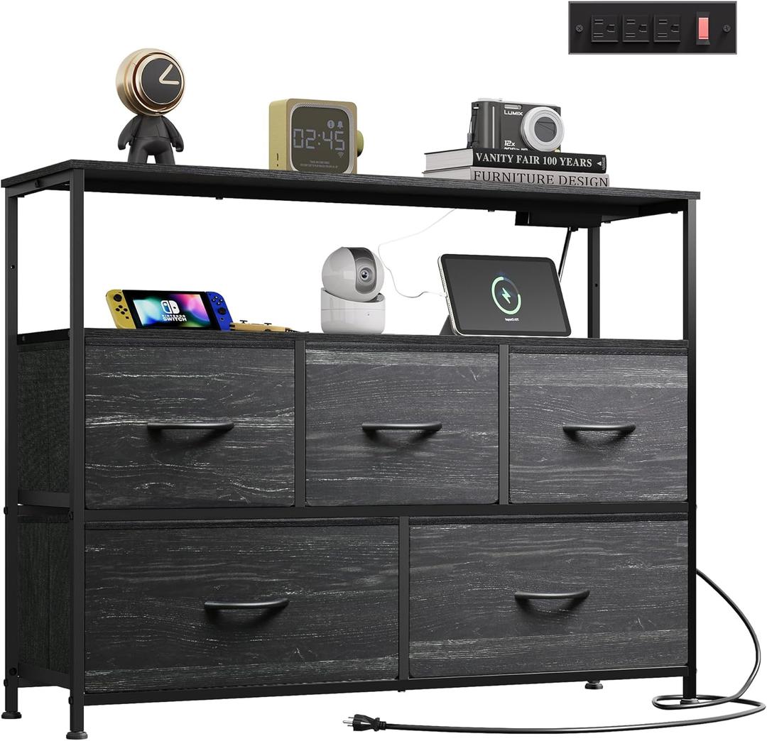 WLIVE Dresser for Bedroom, 5 Drawer Dressers with Charging Station, Fabric Chest of Drawers with Open Shelves, Storage Dresser for Living Room, Closet, Entryway, Charcoal Black Wood Grain Print