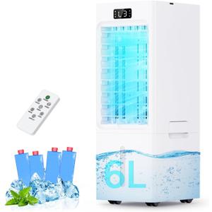 Swamp Cooler, 6L Windowless Portable Air Conditioners, 3-IN-1 Evaporative Air Cooler with Remote, 4 Modes & 3 Speeds, 4 Ice Packs, Auto Oscillating, 12H Timer, Quiet Cooling Fan