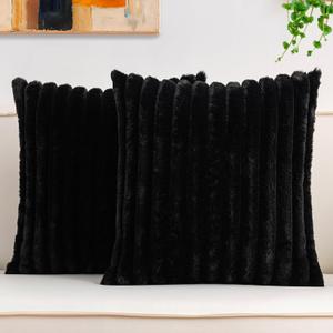 Aegero Pack of 2 Faux Fur Christmas Throw Pillow Covers 20x20 Inch, Soft Plush Striped Neutral Couch Pillow Cover, with Velvet Back Modern Home Decor for Sofa Living Room Couch Bed Black