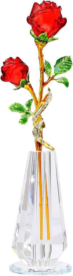 YWHL Handmade Red Rose Flower Crystal Figurine with Vase, Bouquet Glass Flowers Ornament Rose Gifts for Wife Girlfriend Women, Crystal Flower Home Table Decor for Anniversary Wedding