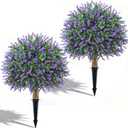 2 x 24" Artificial Lavender Boxwood Topiary Ball Trees, 2 Pack UV Resistant Fake Bushes Plants for Outdoor, Faux Shrub with Ground Spike for Indoor Front Porch Garden