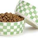 6.4 inch Ceramic Hand Painted Basic Dog Bowl Set of 2 with Anti-Skid Rubber Base, Food and Water Bowls for Small Pets Green