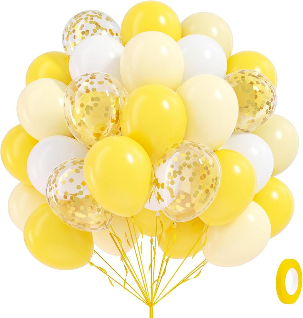 65 
Yellow and White Balloons 12inch with Pastel Yellow White Gold Confetti Balloons for Bee Lemon Wedding Baby Shower Birthday Party Decorations