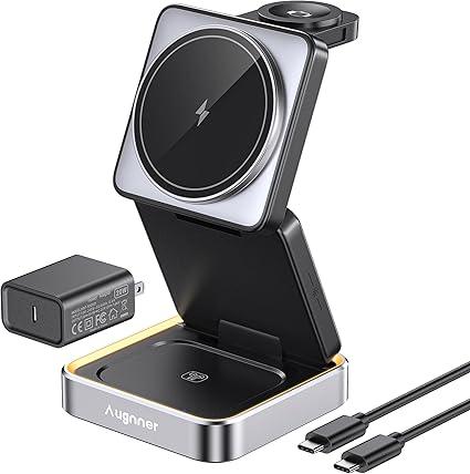 【2026 Upgraded】Wireless Charger 3 in 1, Foldable Wireless Charging Station with Light for Apple MagSafe Charger, Travel Magnetic Charger for iPhone 17/16/15/14/13/12 Apple Watch AirPods (20W Adapter)