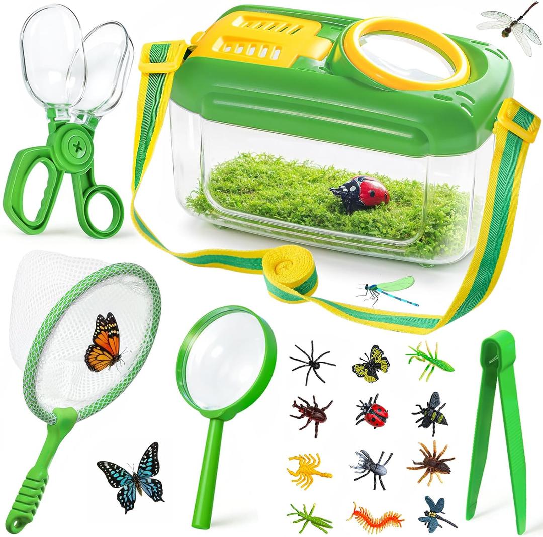 Bug Catcher for Kids, 17 PCS Bug Catching Kit with Bug Collector Toy Bugs Butterfly Net Magnifying Glass Insect Catcher Tweezers, Outdoor Explorer Kit for Kids Age 3 4 5 6 7 8
