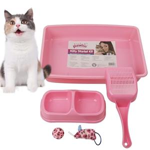 PAWISE Small Cat Litter Box,14.3 x 10.6 x 2.5 Kitten Litter Box Starter Kit,Low Entry Baby Kitten Training Litter Box with Scoop, Bowls,Cat Mouse Toy and Ball Toy,First Catty Owner Essentials(Pink)