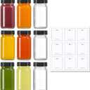 9 Pack, 2 oz Glass Shot Bottles w/ Black Lids & 9 Labels - Small Clear Jar for Ginger, Wellness Shot, Juice, Sample, Whiskey - Travel Essentials Mini Bottles - Wide Mouth, Leakproof, Dishwasher Safe