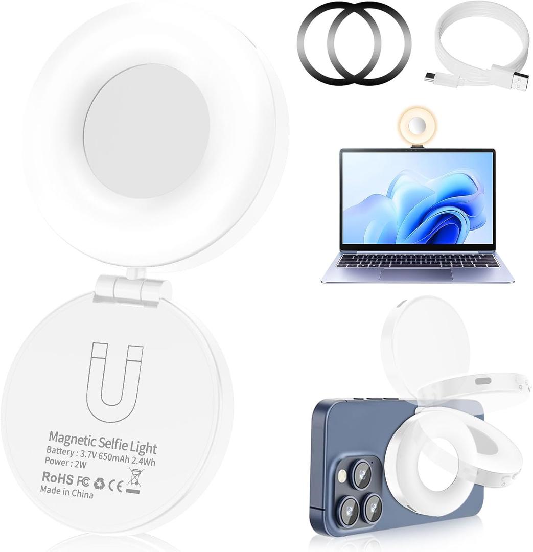 Selfie Light, Selfie Light for iPhone, Portable Phone Ring Light for Video Recording, Adjusted 4 Modes, Rechargeable Fill Light for Selfies, Photography, Makeup, Vlogs, TikTok, VideoWhite (2.5x2.5x0.78IN)