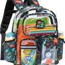 Clear Backpack for Boys - 15 Inch Heavy Duty Kids Backpacks for School, Clear Transparent Bookbag with 3 Front Pockets for Kids Aged 3 to 8, Black Dinosaur