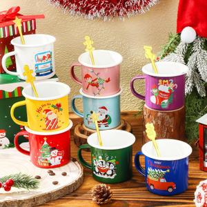 Sliner 8 Set Christmas Coffee Mugs with Spoon 12 Oz Holiday Coffee Enamel Mug Hot Cocoa Design Christmas Gift Mugs for Xmas Friends Coworker Office Home(Cute Xmas)
