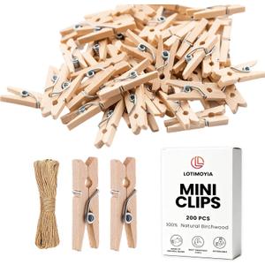 LOTIMOYIA Mini Clothes Pins 200 Pcs - 1" Wooden Clothespins with 11FT Jute Twine,Small Clothes Pins for Photos, Crafts, Home Decor & Art Projects, Reusable Multi-Purpose Clothespins for DIY Projects