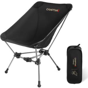Camptime Portable Camping Chair, Lightweight Compact Backpacking Chair with Side Pocket, Wide Seat Folding Chair for Camping, Hiking, Beach - Supports 330Lbs, Black